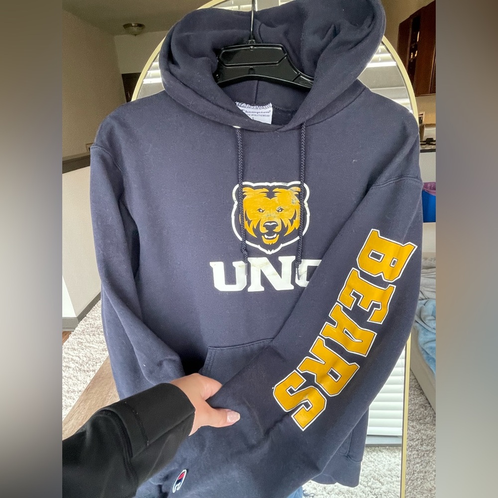 UNC Champion Navy Hoodie with Gold Bear and Sleeve 'BEARS' Graphic